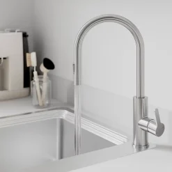 GoodHome Mitigeur de cuisine avec douchette effet inox brossé Zanthe