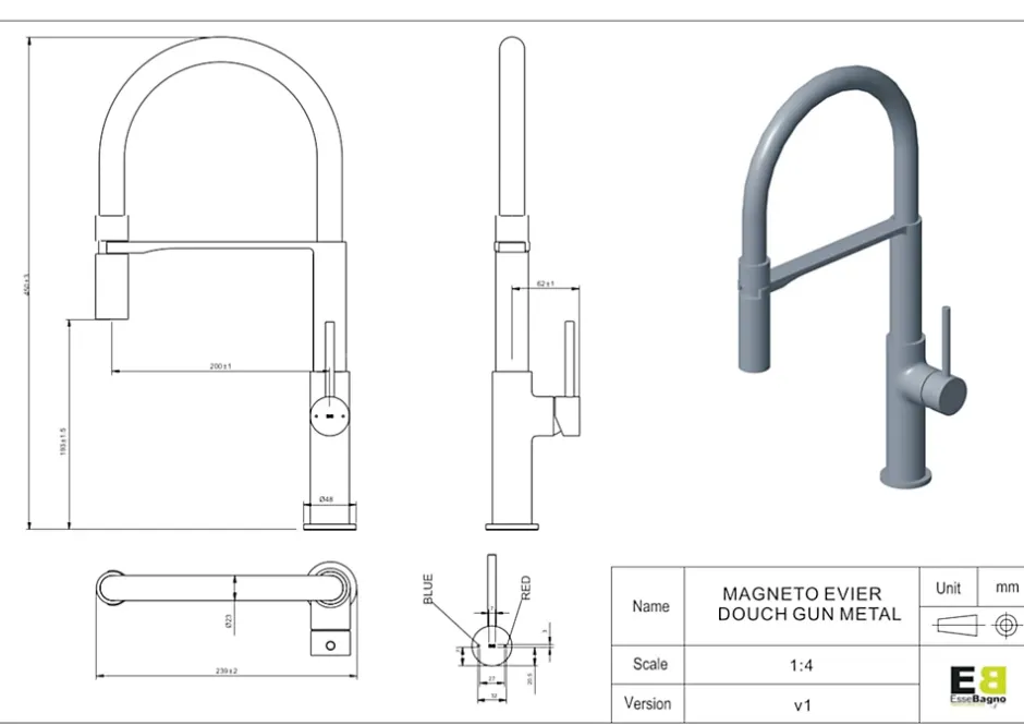 Essebagno Mitigeur de cuisine gun métal avec douchette Magnet