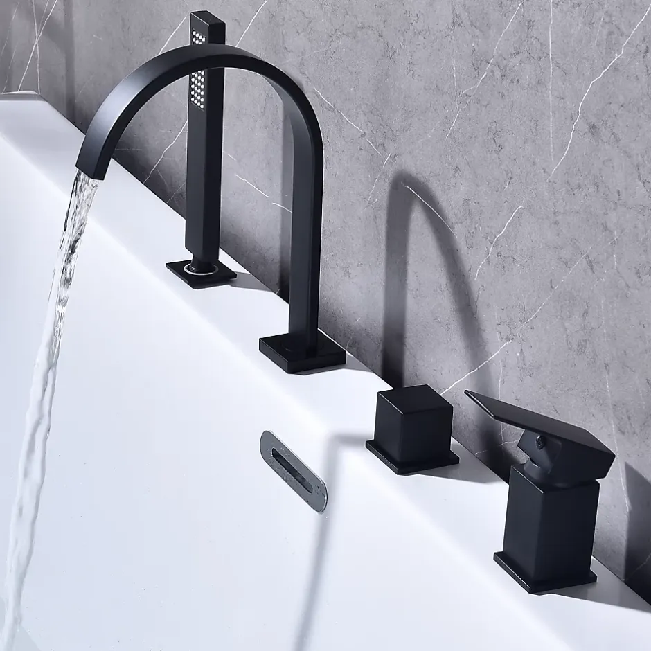 Homelody Mitigeur de Douche et Robinet de Douche Bain-Douche 4 Trous Double Sortie Encastre en Laiton Noir Bec Cascade Pivotant 360