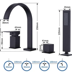 Homelody Mitigeur de Douche et Robinet de Douche Bain-Douche 4 Trous Double Sortie Encastre en Laiton Noir Bec Cascade Pivotant 360