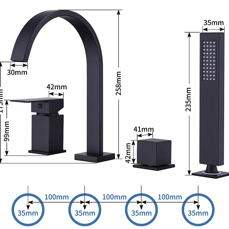 Homelody Mitigeur de Douche et Robinet de Douche Bain-Douche 4 Trous Double Sortie Encastre en Laiton Noir Bec Cascade Pivotant 360