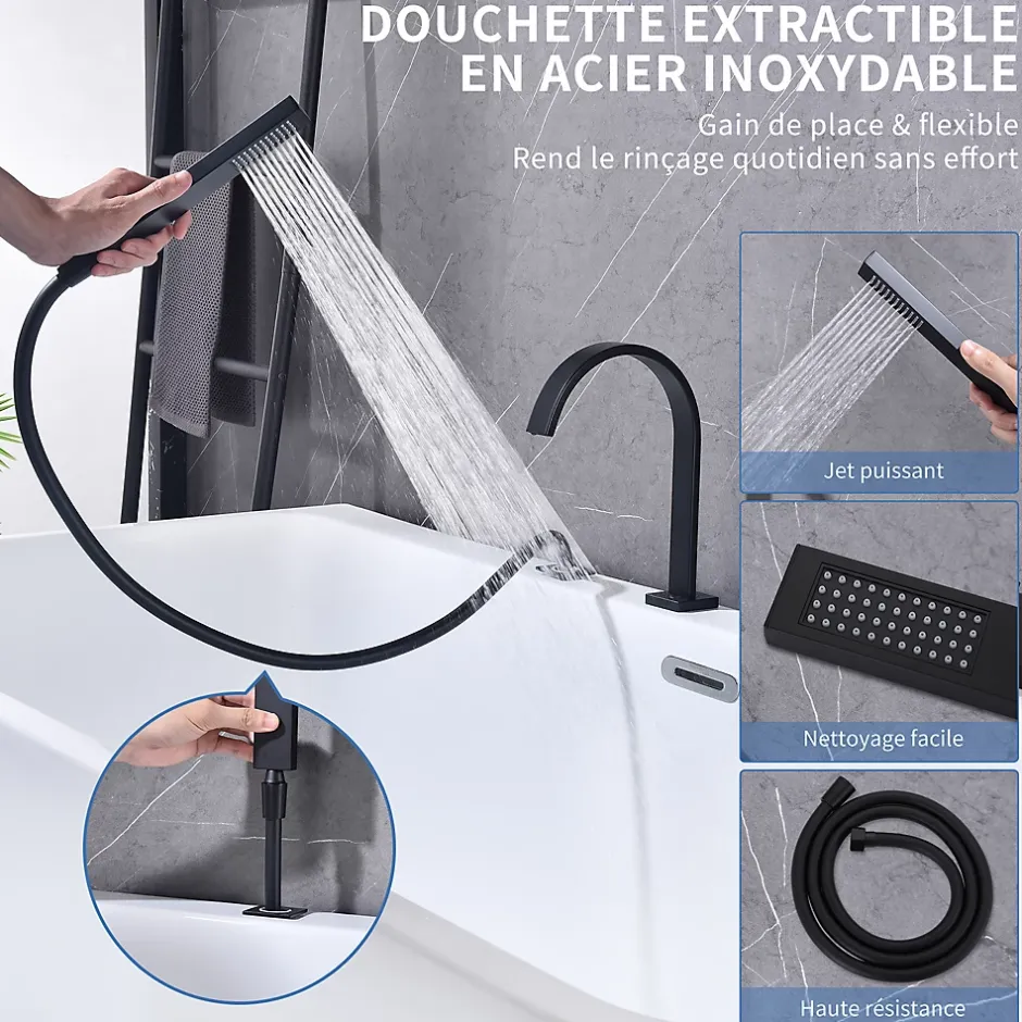 Homelody Mitigeur de Douche et Robinet de Douche Bain-Douche 4 Trous Double Sortie Encastre en Laiton Noir Bec Cascade Pivotant 360