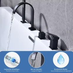 Homelody Mitigeur de Douche et Robinet de Douche Bain-Douche 4 Trous Double Sortie Encastre en Laiton Noir Bec Cascade Pivotant 360