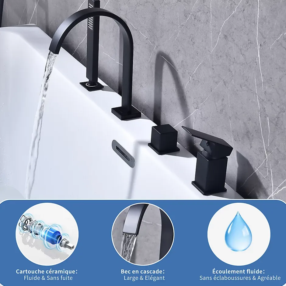 Homelody Mitigeur de Douche et Robinet de Douche Bain-Douche 4 Trous Double Sortie Encastre en Laiton Noir Bec Cascade Pivotant 360