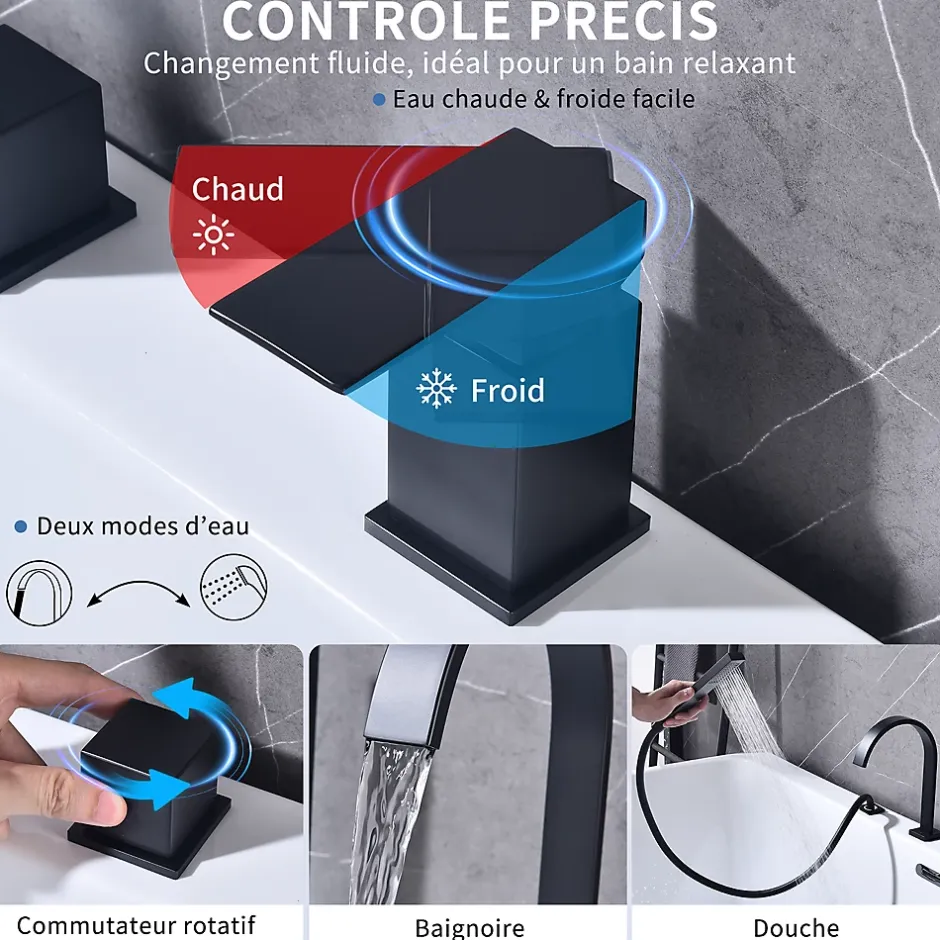 Homelody Mitigeur de Douche et Robinet de Douche Bain-Douche 4 Trous Double Sortie Encastre en Laiton Noir Bec Cascade Pivotant 360