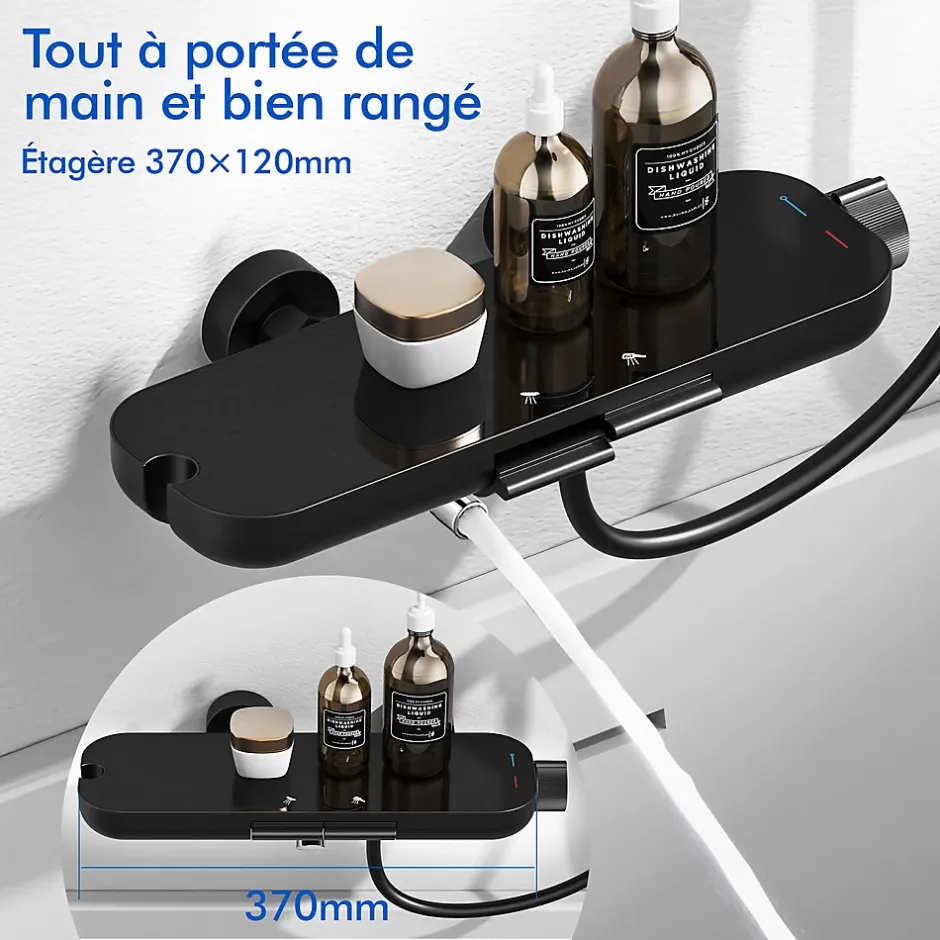 Homelody Mitigeur de Douche Robinet Douche Bain Douche Mural Monocommande à Bouton avec Double Sortie et Plateau Rangement Noir* Robinet De Baignoire