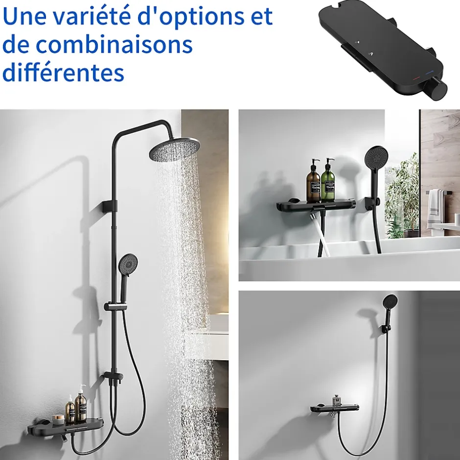 Homelody Mitigeur de Douche Robinet Douche Bain Douche Mural Monocommande à Bouton avec Double Sortie et Plateau Rangement Noir* Robinet De Baignoire