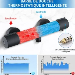Homelody Mitigeur de douche thermostatique securite 38C temperature stable reglage debit separe mural en laiton noir pour douche