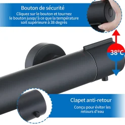 Homelody Mitigeur de douche thermostatique securite 38C temperature stable reglage debit separe mural en laiton noir pour douche