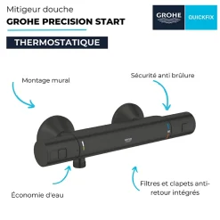 Grohe Mitigeur de douche thermostatique Precision Start noir mat + chiffonnette