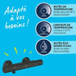 Grohe Mitigeur de douche thermostatique Precision Start noir mat + chiffonnette