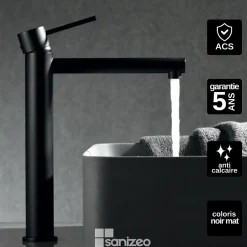 Imex Mitigeur de Lavabo Anti-Calcaire Bec Haut Noir Mat MILOS STICK BDYS045-3NG