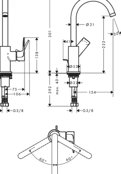Hansgrohe Mitigeur de lavabo avec bec orientable, tirette et vidage noir mat, Rebris E 210