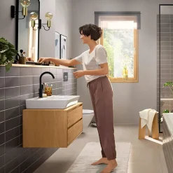 Hansgrohe Mitigeur de lavabo avec bec orientable, tirette et vidage noir mat, Rebris E 210