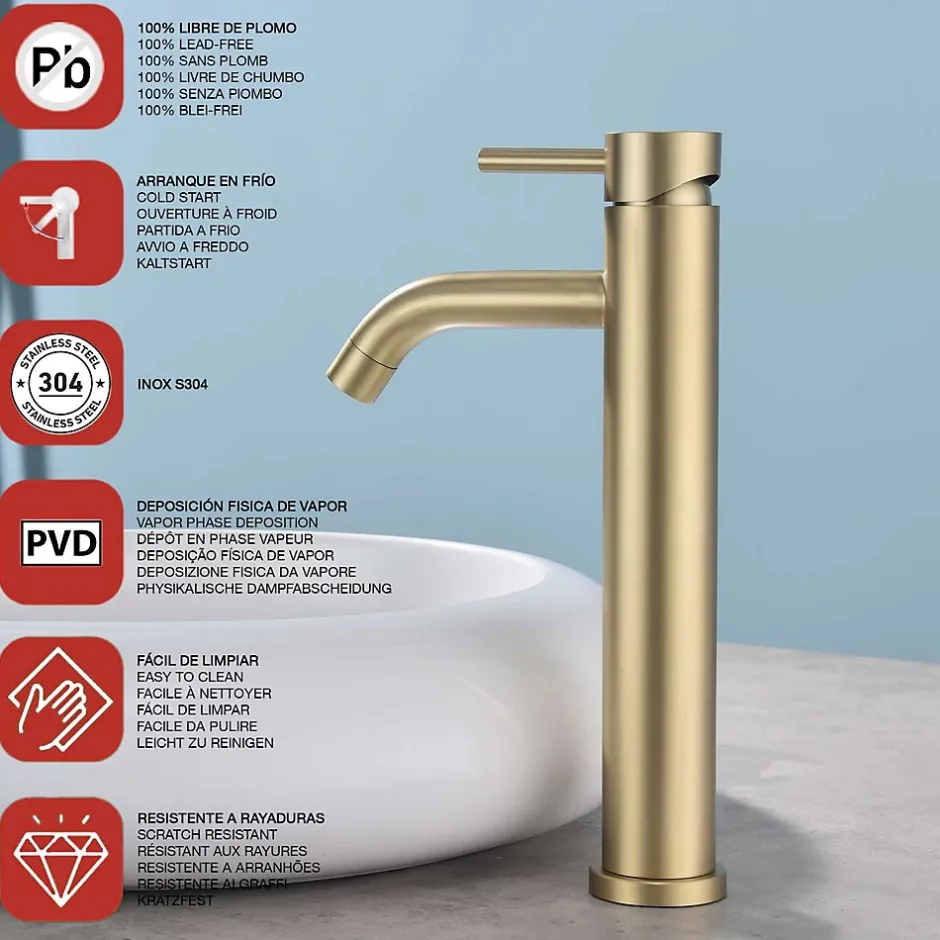 Poalgi Mitigeur de lavabo bec haut SKY BATH or brossé PVD Inox S304 série Rock* Robinet Lavabo Et Vasque