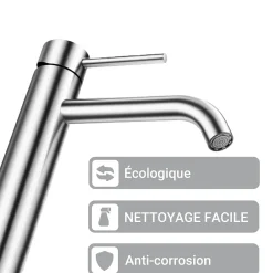 AICA Sanitaire Mitigeur de lavabo haut, acier inoxydable 304 brossé argenté, mixte froid/chaud