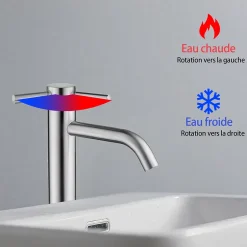 AICA Sanitaire Mitigeur de lavabo haut, acier inoxydable 304 brossé argenté, mixte froid/chaud