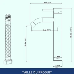 AICA Sanitaire Mitigeur de lavabo haut, acier inoxydable 304 brossé argenté, mixte froid/chaud