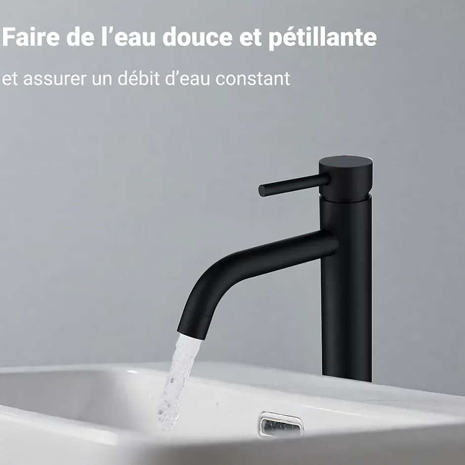 AICA Sanitaire Mitigeur de lavabo haut, noir, monocommande, acier inoxydable, mixte froid/chaud