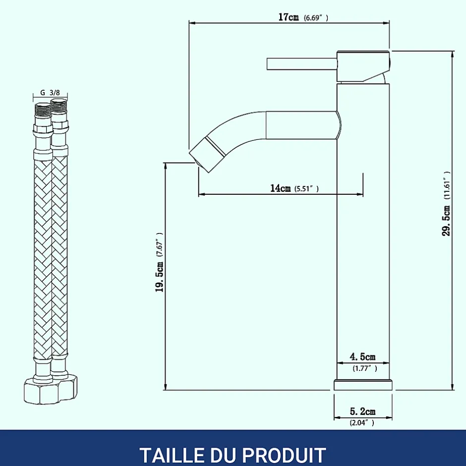 AICA Sanitaire Mitigeur de lavabo haut, noir, monocommande, acier inoxydable, mixte froid/chaud