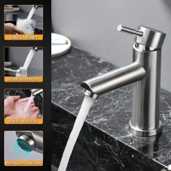 Deko Mitigeur de lavabo monocommande en acier inoxydable, mitigeur de salle de bain au design moderne, eau chaude et froide réglable