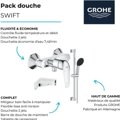 Grohe Mitigeur douche mécanique Swift 2023 + Ensemble de douche 2 jets avec barre + Tablette de douche d'angle