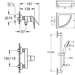Grohe Mitigeur douche mécanique Swift 2023 + Ensemble de douche 2 jets avec barre + Tablette de douche d'angle
