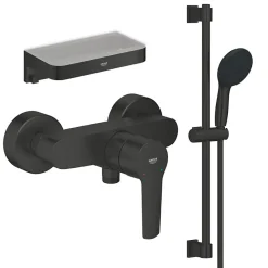 Grohe Mitigeur douche mécanique start Black + Ensemble de douche 2 jets avec barre Noir + Panier douche