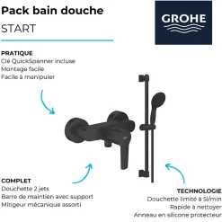 Grohe Mitigeur douche mécanique start Black + Ensemble de douche 2 jets avec barre Noir + Panier douche