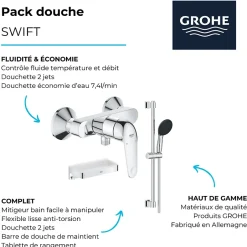 Grohe Mitigeur douche mécanique Swift 2023 + Ensemble de douche 2 jets avec barre + Panier douche* Colonne De Douche Mécanique