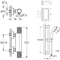 Grohe Mitigeur douche thermostatique Precision Start + Ensemblede douche avec barre 2 jets + Panier douche* Colonne De Douche Thermostatique