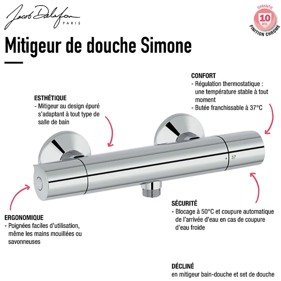 Jacob Delafon Mitigeur douche thermostatique Simone chrome + nettoyant* Robinet De Douche
