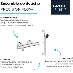 Grohe Mitigeur douche thermostatique Precision Flow + Ensemble de douche 2 jets avec barre Chromé