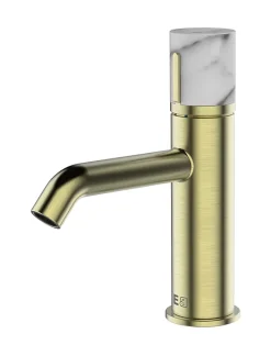 Essebagno Mitigeur lavabo bas avec vidage en laiton doré et marbre blanc, Manopola* Robinet Lavabo Et Vasque