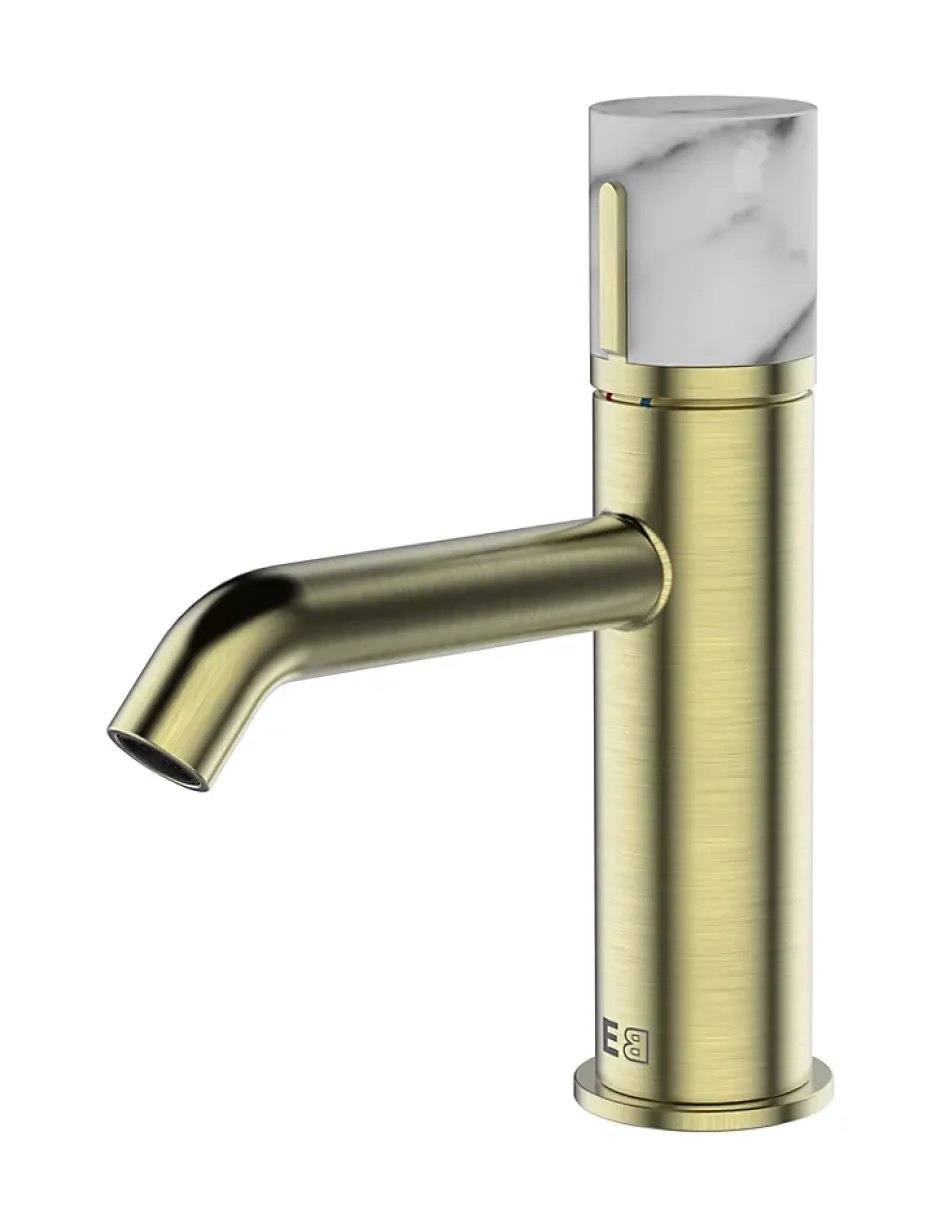 Essebagno Mitigeur lavabo bas avec vidage en laiton doré et marbre blanc, Manopola* Robinet Lavabo Et Vasque