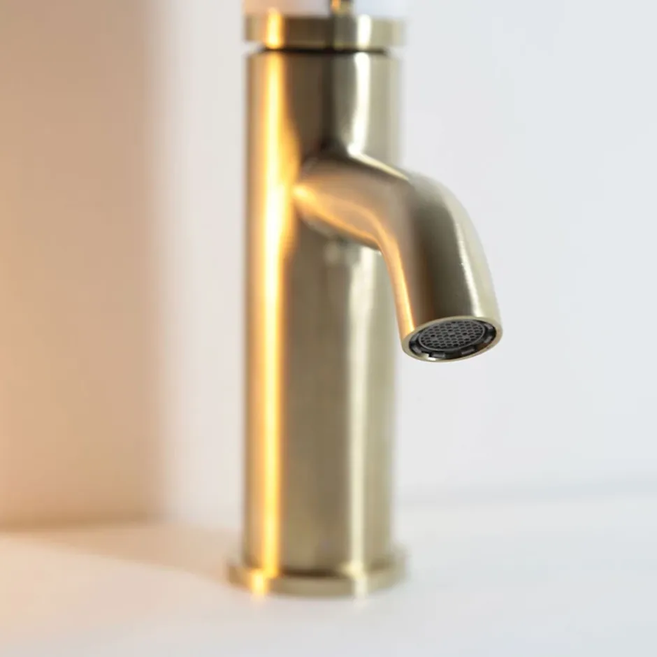 Essebagno Mitigeur lavabo bas avec vidage en laiton doré et marbre blanc, Manopola* Robinet Lavabo Et Vasque