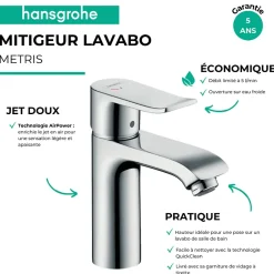 Hansgrohe Mitigeur lavabo Metris 110 CoolStart avec tirette et vidage chromé* Robinet Lavabo Et Vasque