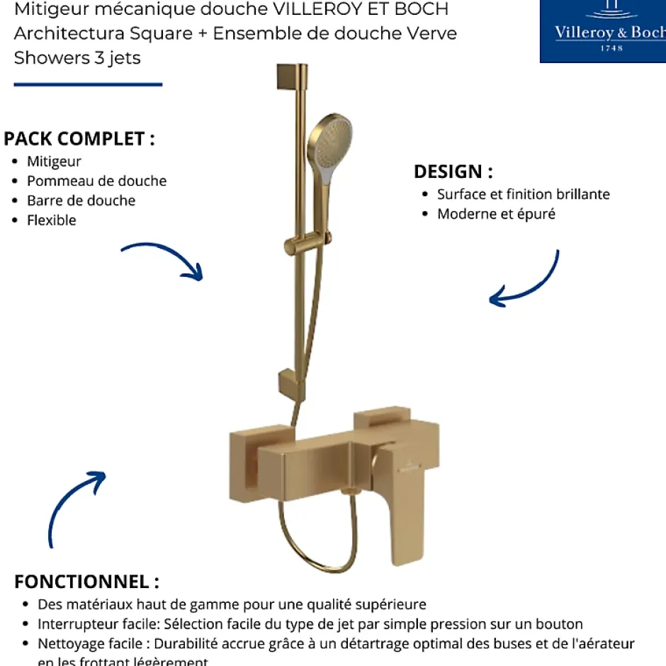 Villeroy & Boch Mitigeur mécanique douche VILLEROY ET BOCH Architectura Square + Ensemble de douche Verve Showers 3 jets Or brossé