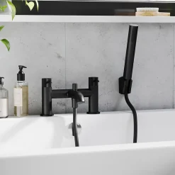GoodHome Mélangeur bain/douche + douchette et flexible, noir mat, Owens* Robinet De Baignoire