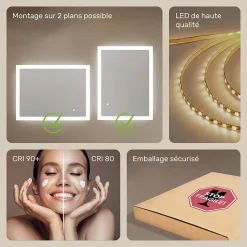 Artforma Mural Miroir LED 80x60 Miroir Salle de Bain avec tactile et 3 temperatures de Couleur