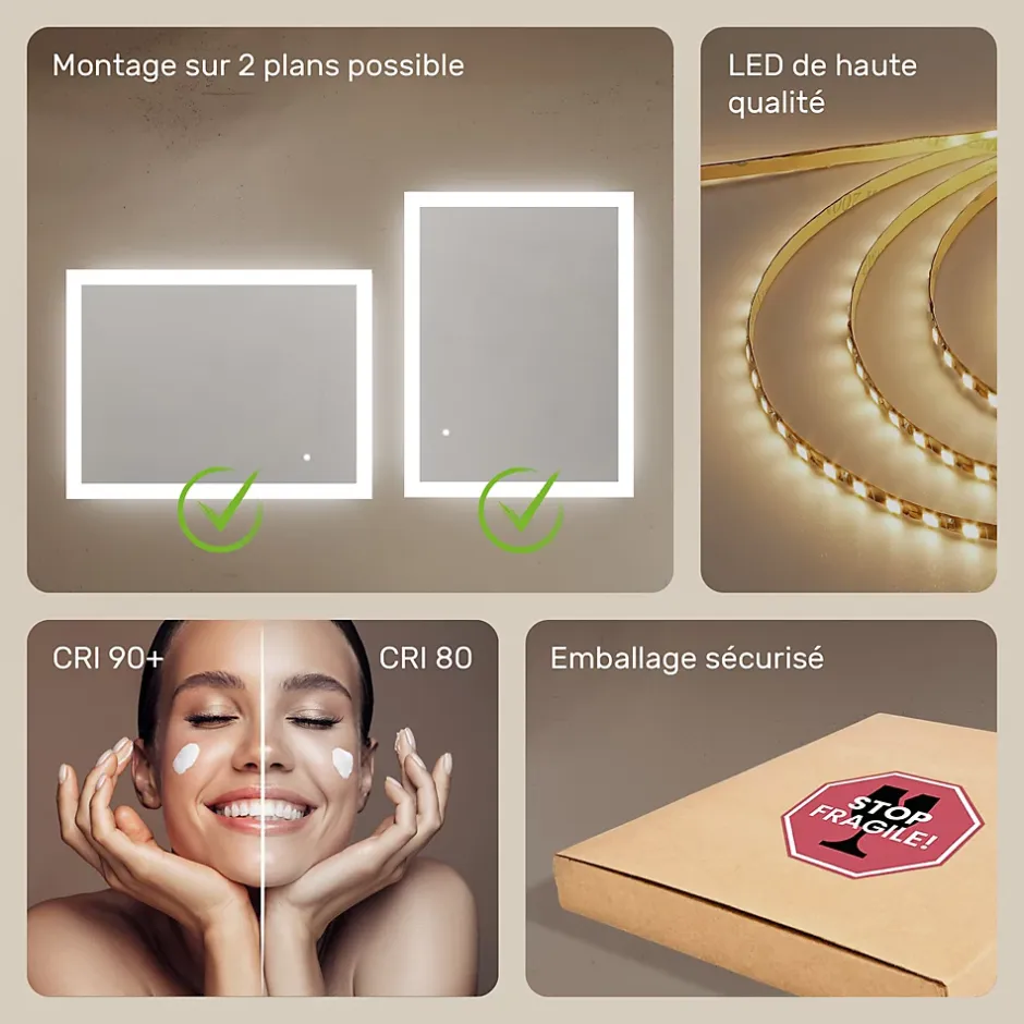 Artforma Mural Miroir LED 80x60 Miroir Salle de Bain avec tactile et 3 temperatures de Couleur