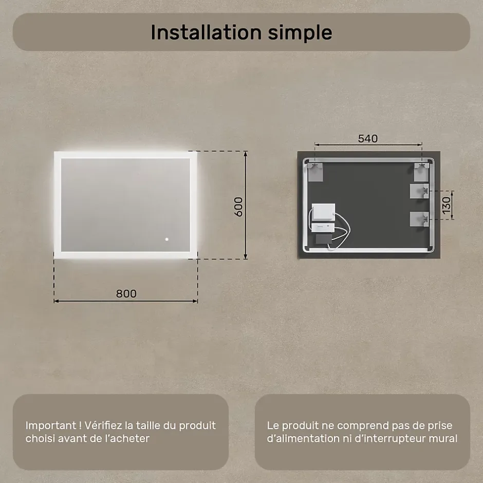 Artforma Mural Miroir LED 80x60 Miroir Salle de Bain avec tactile et 3 temperatures de Couleur