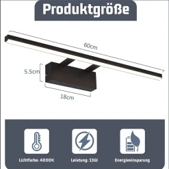 Nettlife Lampe à miroir LED noire 60CM Moderne 4000K Salle de bain Lampe à miroir murale