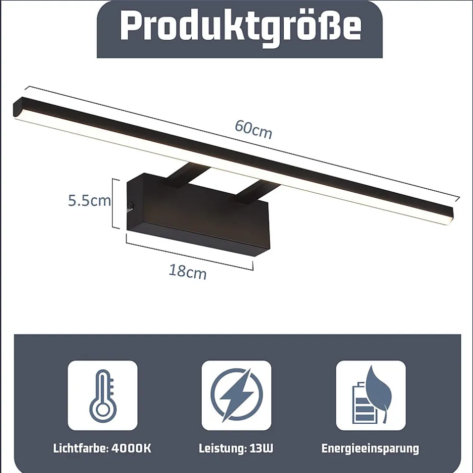 Nettlife Lampe à miroir LED noire 60CM Moderne 4000K Salle de bain Lampe à miroir murale