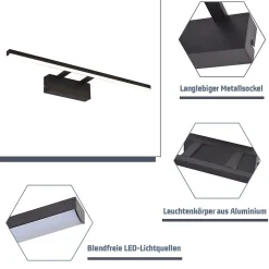 Nettlife Lampe à miroir LED noire 60CM Moderne 4000K Salle de bain Lampe à miroir murale