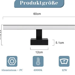 Nettlife Lampe Miroir LED IP44 12W 60cm Blanc Neutre 4000K Salle de Bain Noire