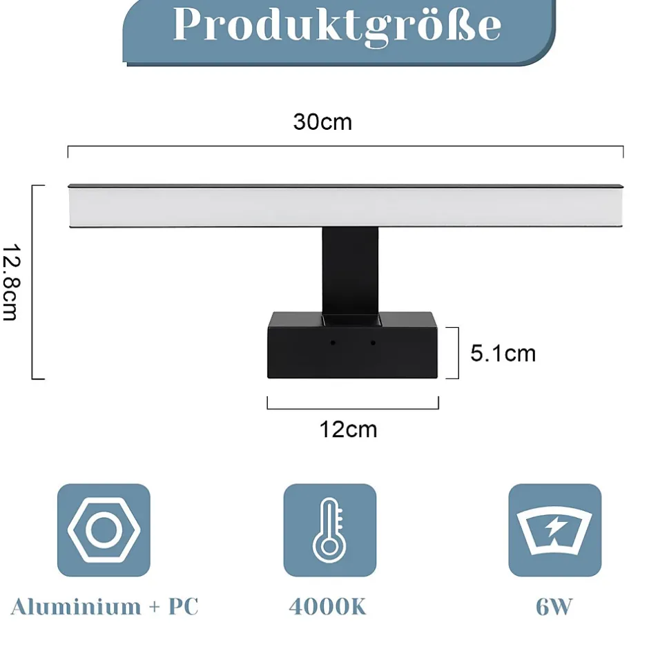 Nettlife Lampe Miroir LED IP44 6W 30cm Blanc Neutre 4000K Salle de Bain Noire* Miroir Grossissant Lumineux