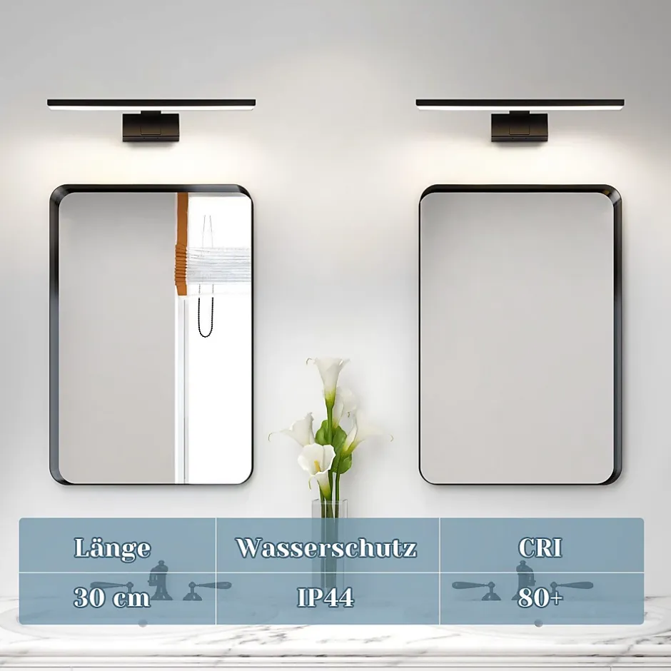 Nettlife Lampe Miroir LED IP44 6W 30cm Blanc Neutre 4000K Salle de Bain Noire* Miroir Grossissant Lumineux