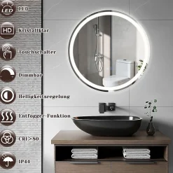 Nettlife Miroir lumineux salle de bain - Rond 50 cm LED, mural, interrupteur tactile, antibuée, IP44, réglable 3000K-6500K