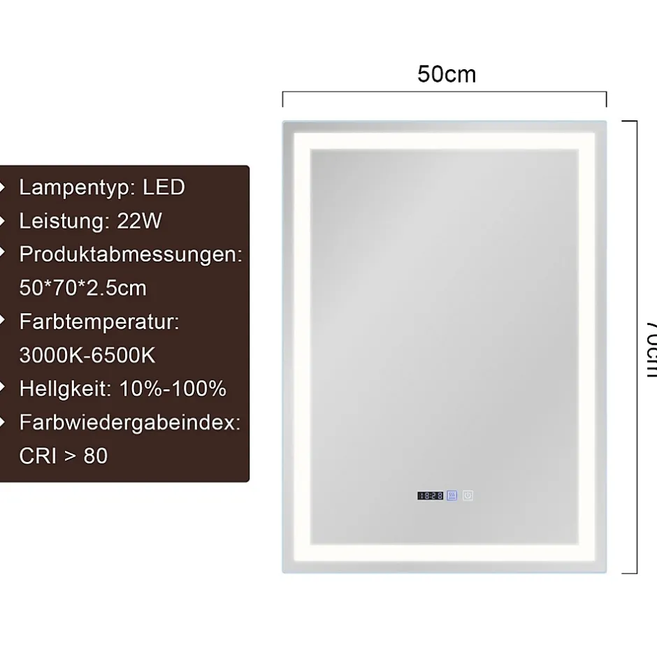 Nettlife Miroir lumineux salle de bain - 50x70 cm LED, mural, IP44, interrupteur tactile, horloge, antibuée, réglable